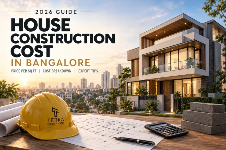 Modern luxury house in Bangalore with construction blueprints, safety helmet, calculator, and building materials representing house construction cost in Bangalore and turnkey home construction services.